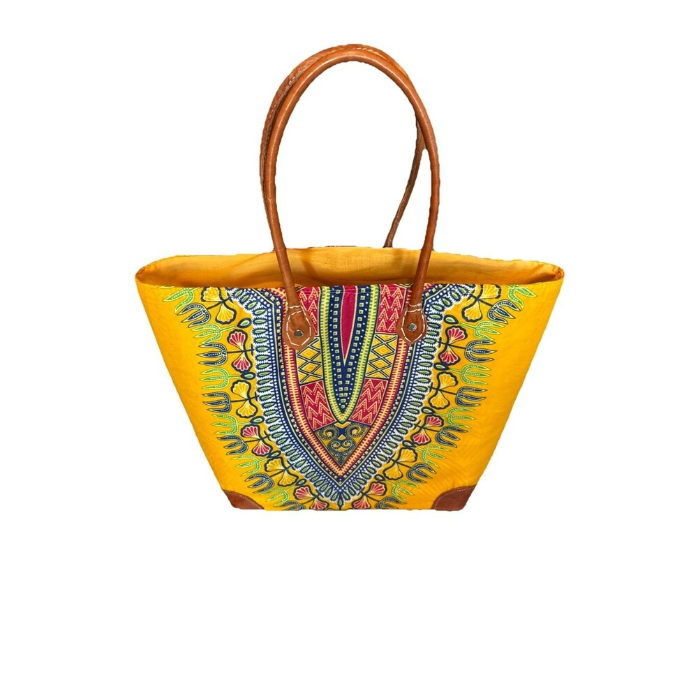 Tribal Ethnic African Purse Straw Leather Mud Cloth Tote